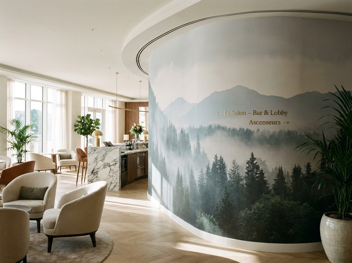 Décor mural et signalétique dans un hall d'hôtel, avec supports classés feu M1 pour ERP