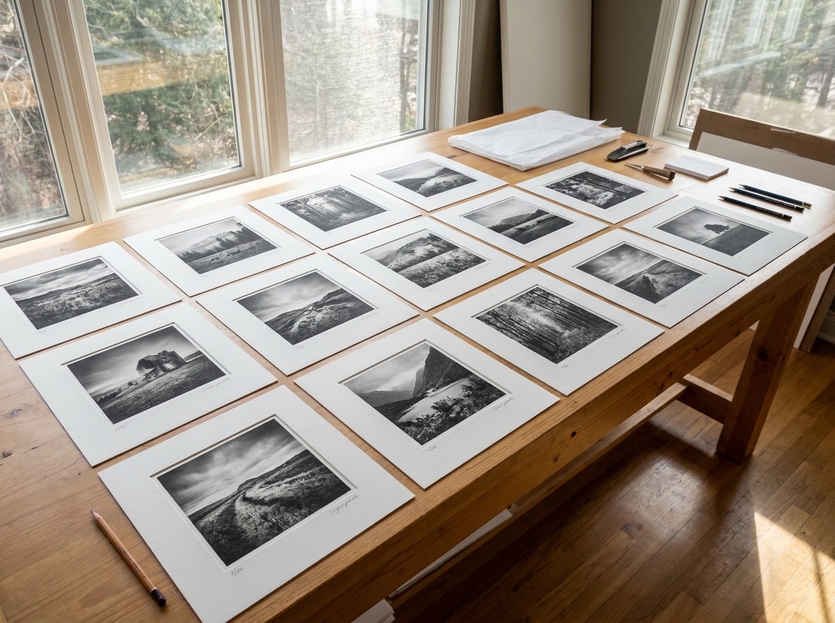 Série de tirages d'art numérotés présentés à plat dans un atelier