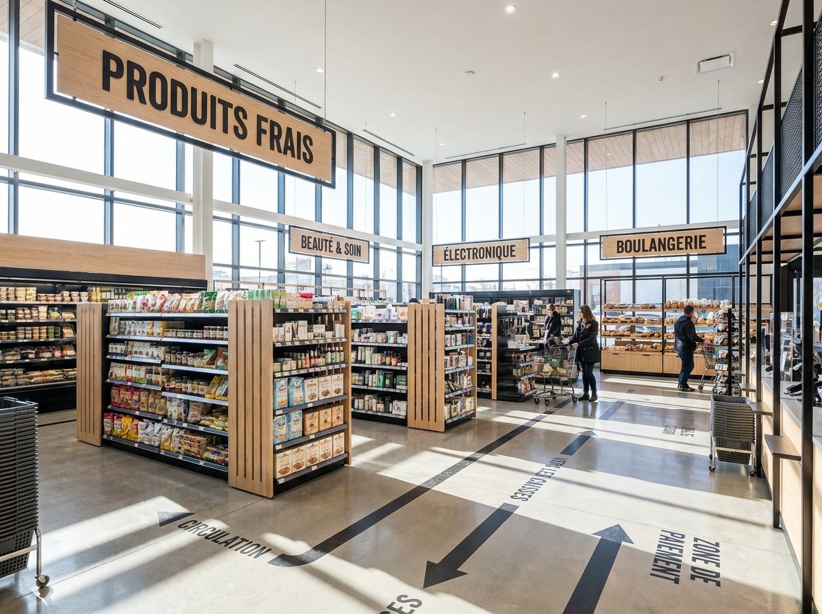 Signalétique de rayon et adhésifs de sol dans un magasin