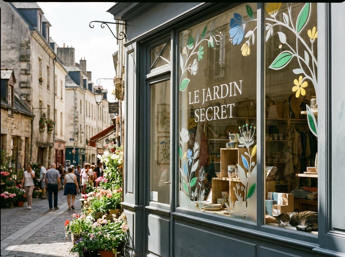 Vitrophanie décorative sur la vitrine d'une boutique dans une rue commerçante