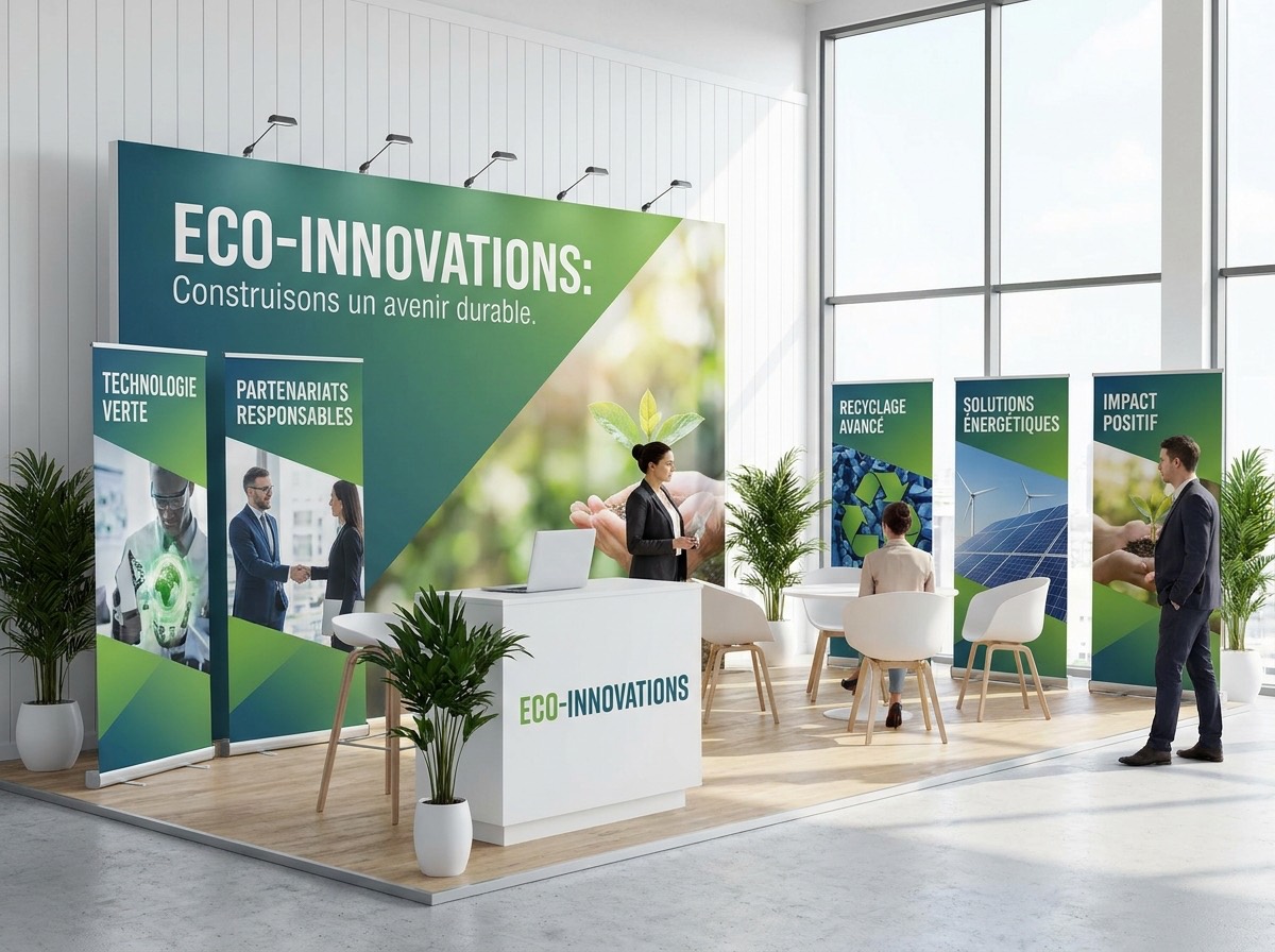 Stand d'entreprise avec kakémonos, roll-up et banderoles sur un salon