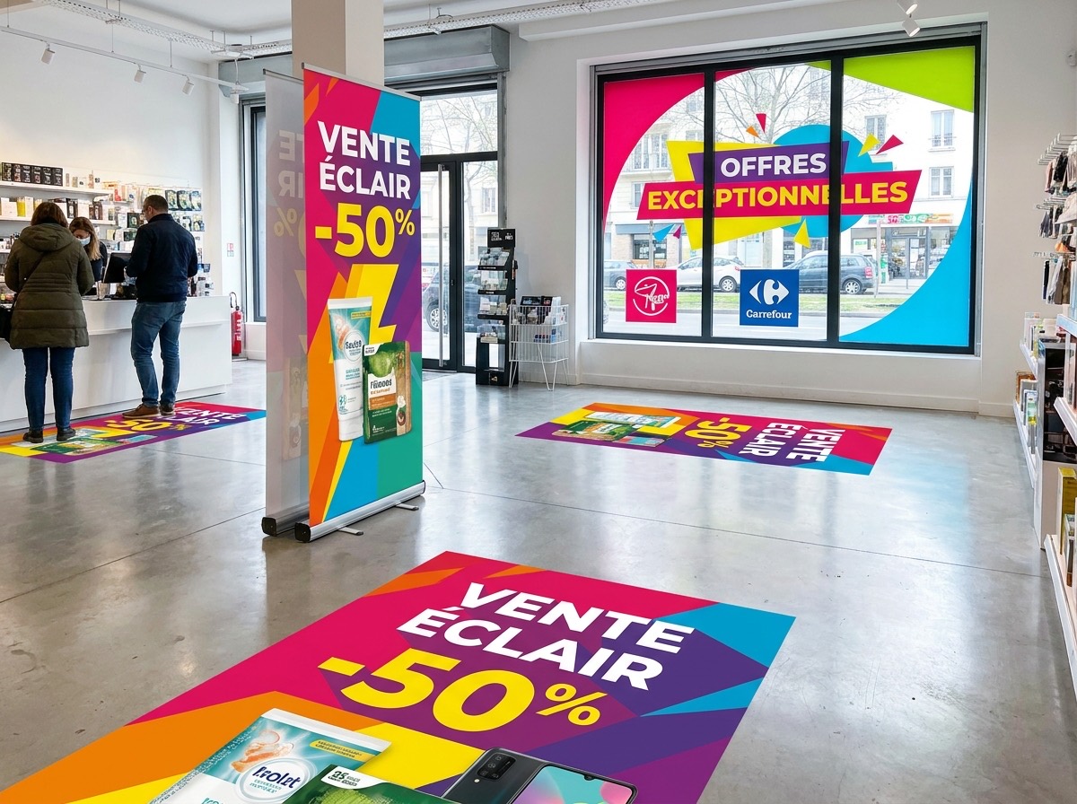 Adhésifs de sol et kakémono imprimés pour la mise en avant produit en magasin