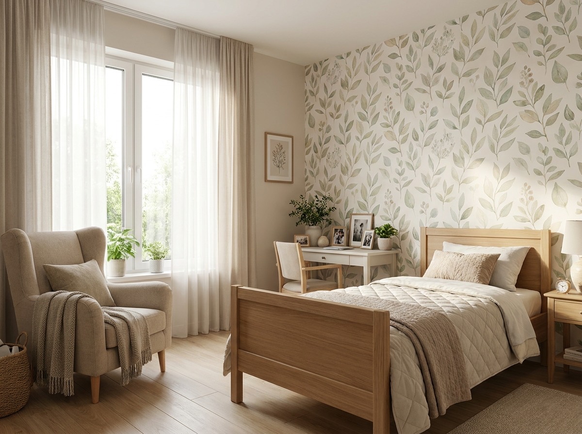Décor mural apaisant à motif nature dans une chambre d'EHPAD