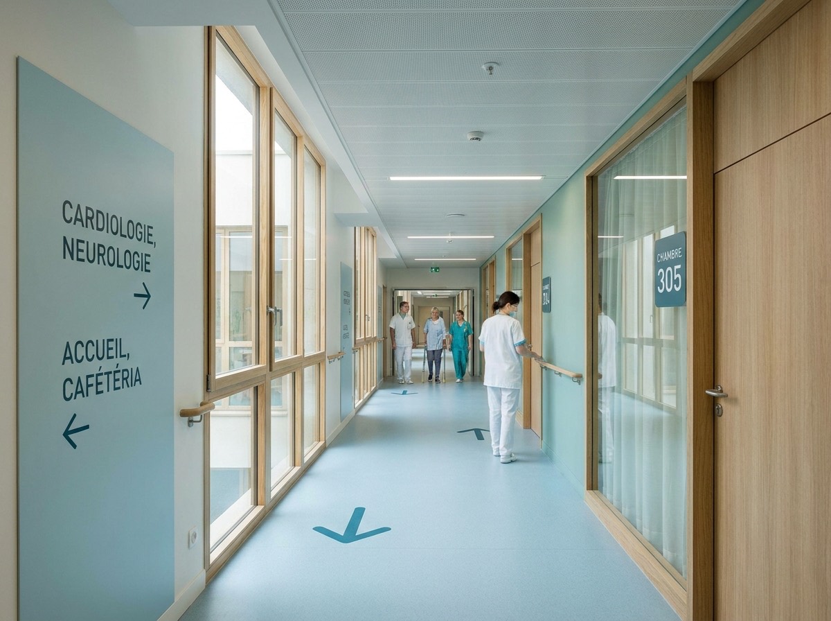 Signalétique directionnelle modifiable dans un couloir d'hôpital ou d'EHPAD