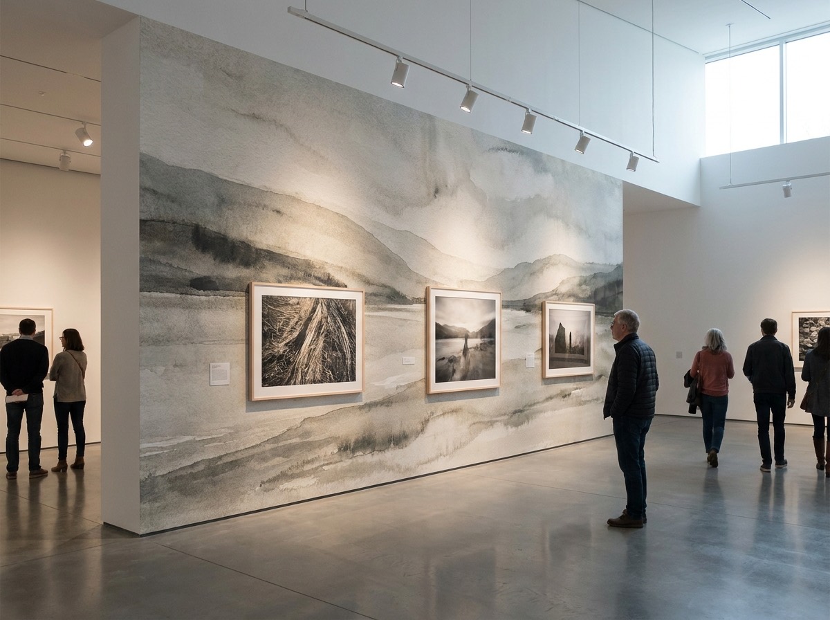 Habillage d'une cimaise d'exposition avec un lé mural imprimé grand format