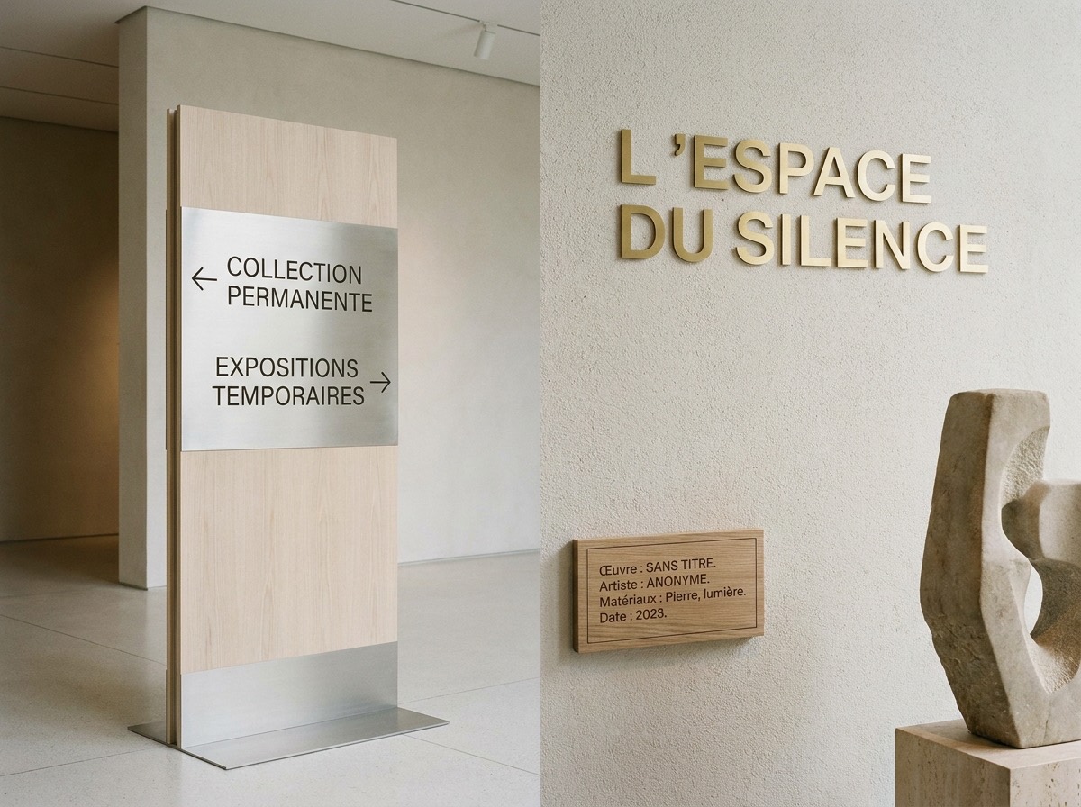 Signalétique d'exposition, cartels et lettres de titre découpées dans un musée