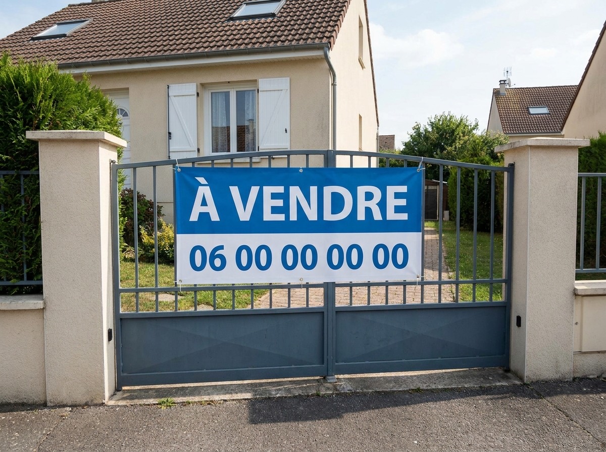 Banderole imprimée « À vendre » fixée sur le portail d'une maison