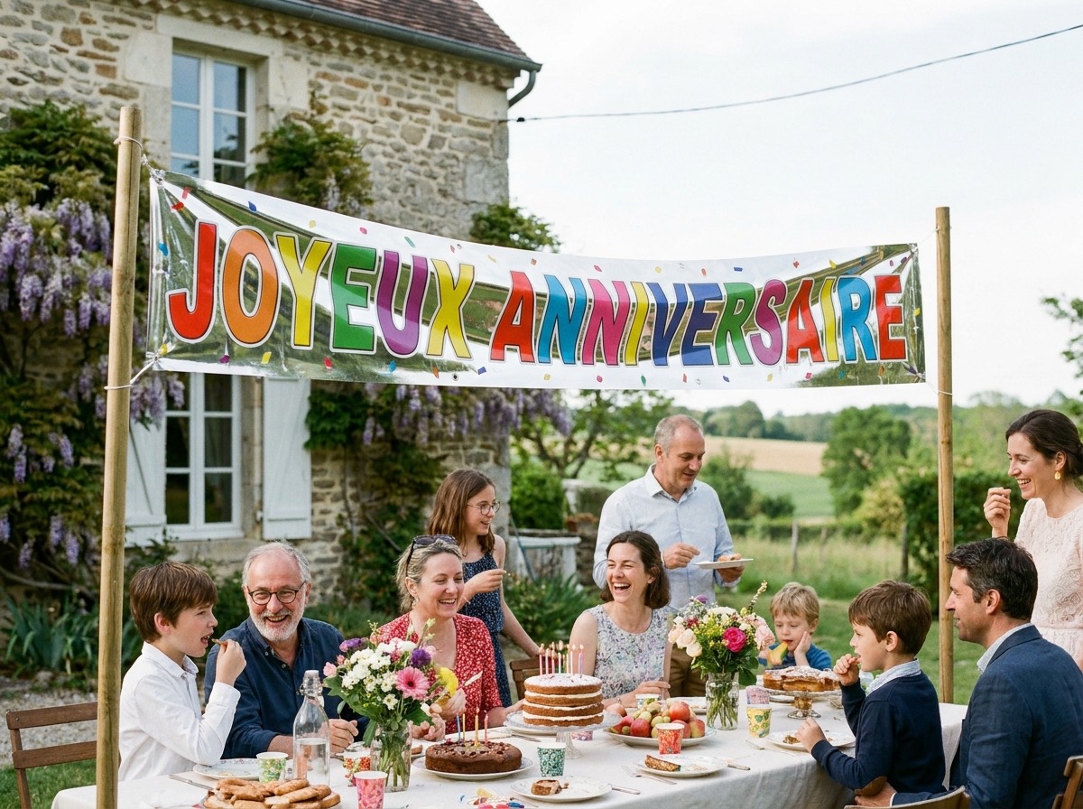 Banderole imprimée « Joyeux anniversaire » tendue au-dessus d'une table de fête